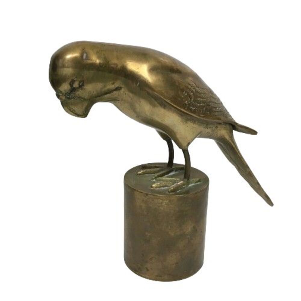 Vintage Solid Brass Parrot on Pedestal Stand Figure Large Sculpture MCM Décor